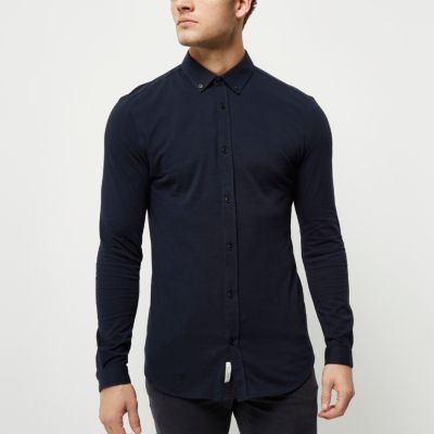 Navy blue muscle fit casual shirt